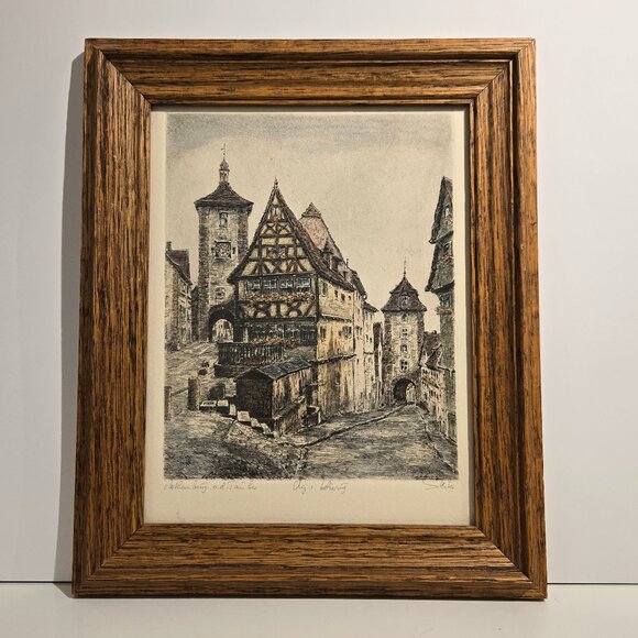 Framed Rothenburg ob der Tauber Etching Print – Hand-Colored Etching signed - Picture 1 of 10